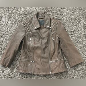 All Saints limited edition leather cropped cargo biker jacket small us 6 brown